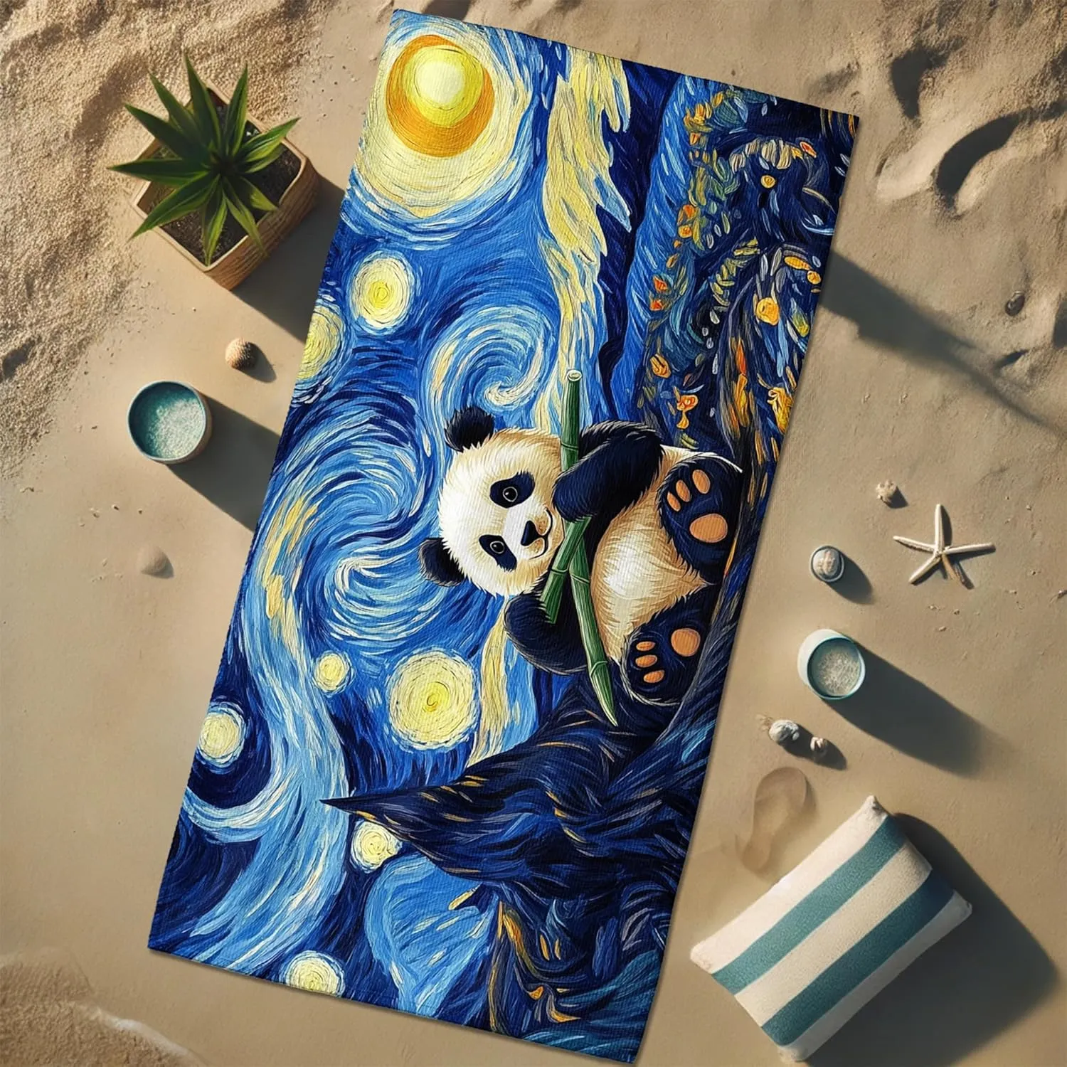 Starry Night Panda Microfiber Beach Towel Colorful Art Soft Sand Free Quick Dry Lightweight Blanket for Travel Camping Pool Picnic Essentials 62x31 Inch