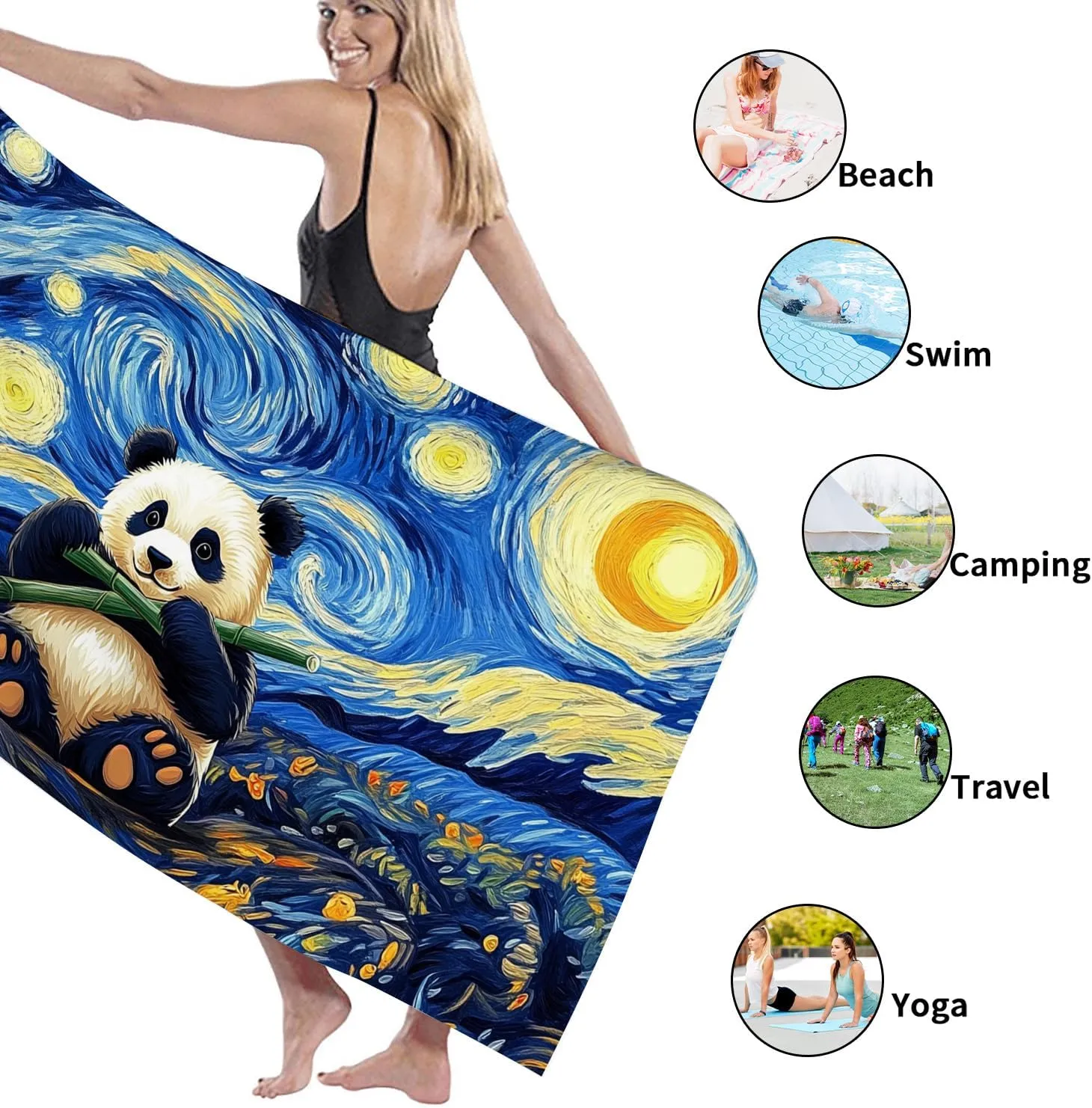Starry Night Panda Microfiber Beach Towel Colorful Art Soft Sand Free Quick Dry Lightweight Blanket for Travel Camping Pool Picnic Essentials 62x31 Inch