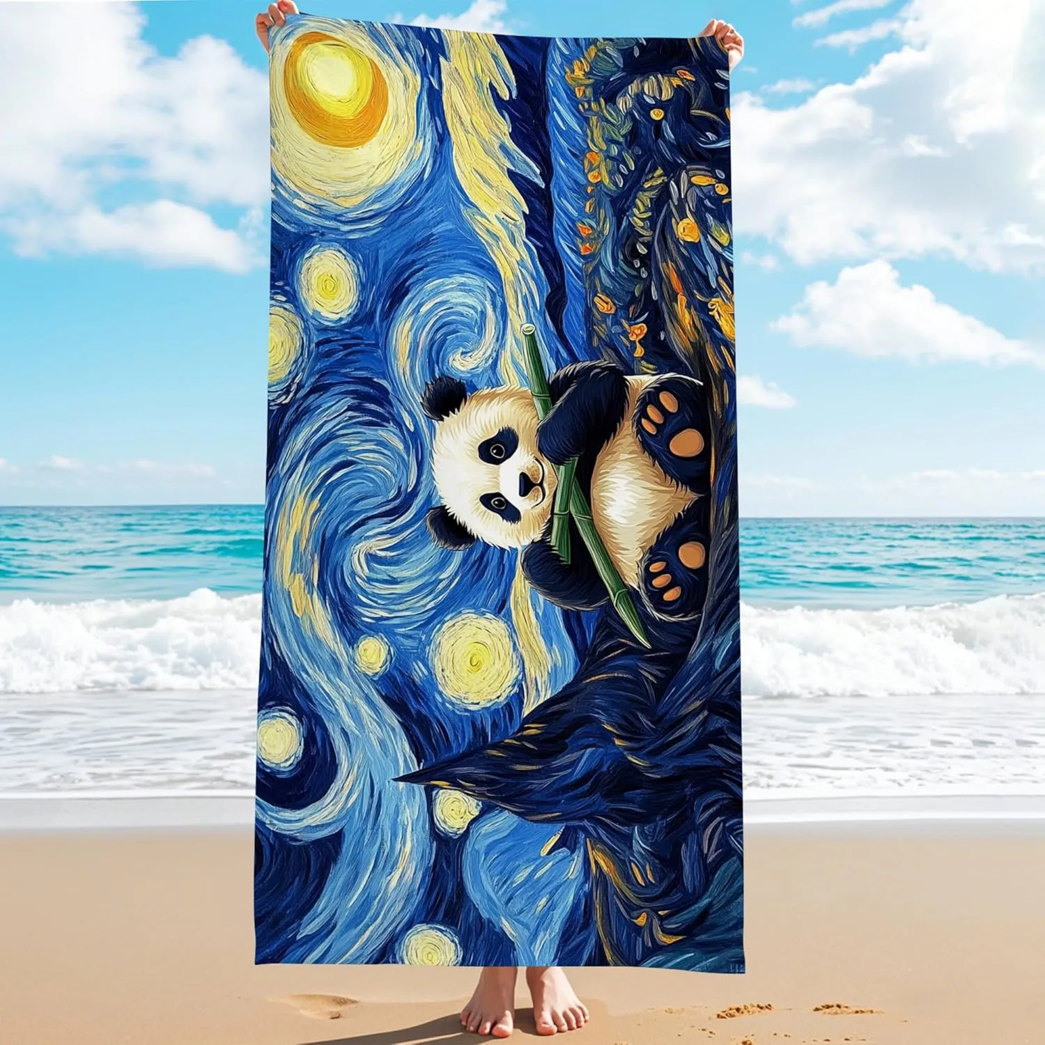 Starry Night Panda Microfiber Beach Towel Colorful Art Soft Sand Free Quick Dry Lightweight Blanket for Travel Camping Pool Picnic Essentials 62x31 Inch
