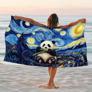 Starry Night Panda Microfiber Beach Towel Colorful Art Soft Sand Free Quick Dry Lightweight Blanket for Travel Camping Pool Picnic Essentials 62x31 Inch
