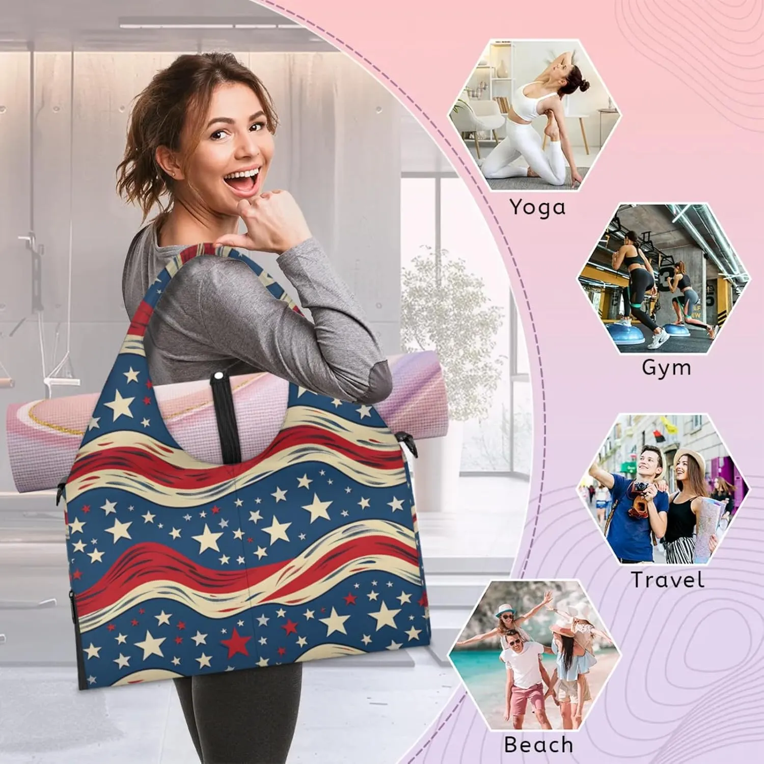 Stars Lines Paper Gym Bag Yoga Mat Tote for Women with Shoes Compartment Lightweight Duffle Travel Carrier Wet Dry Storage Pockets Adjustable Pilates Mats Shoulder Bags for Sport Swim