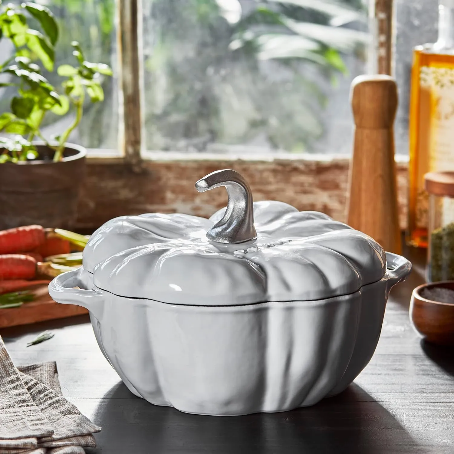 STAUB Cast Iron Dutch Oven 3.5-qt Pumpkin Cocotte with Stainless Steel Knob, Made in France, Serves 3-4, White