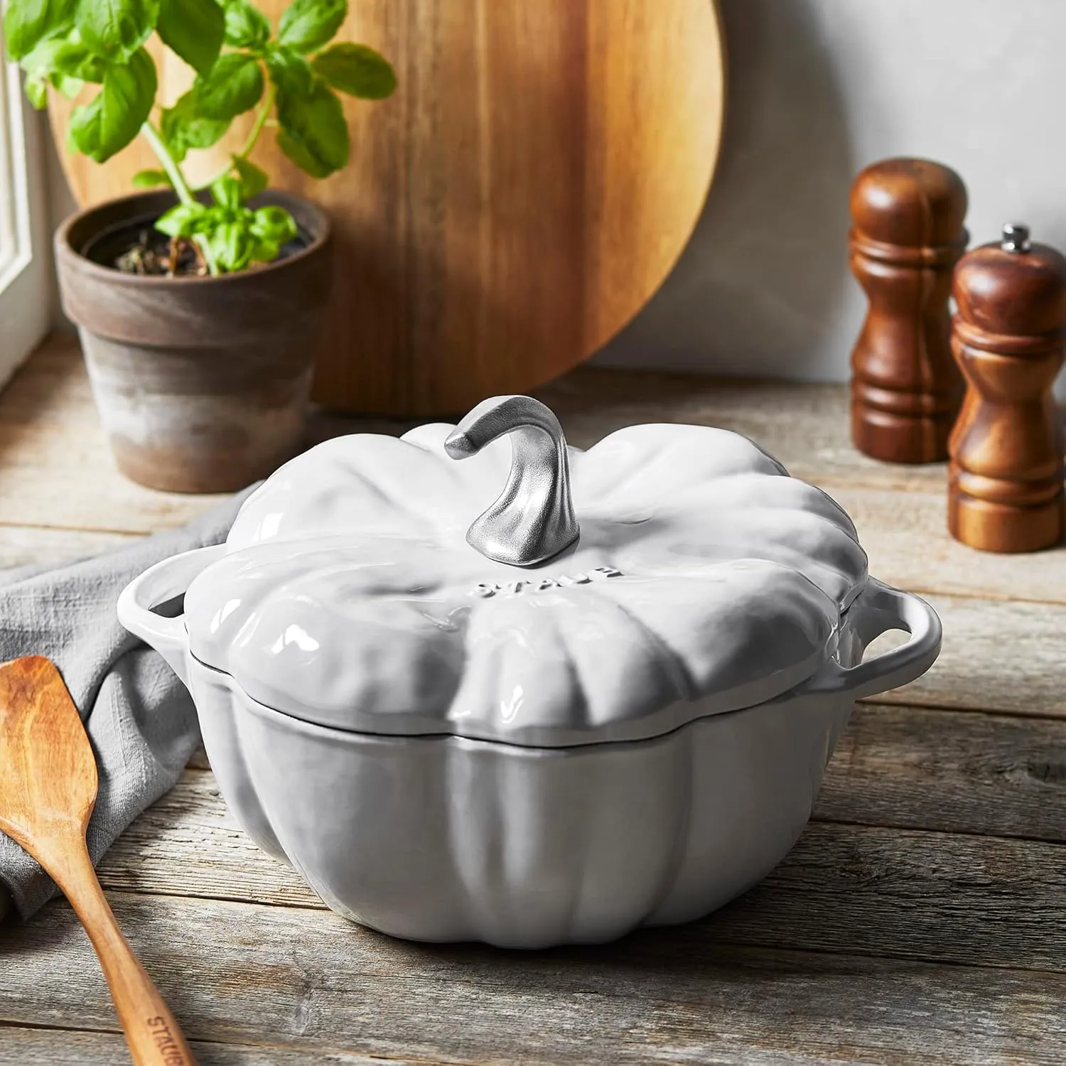 STAUB Cast Iron Dutch Oven 3.5-qt Pumpkin Cocotte with Stainless Steel Knob, Made in France, Serves 3-4, White