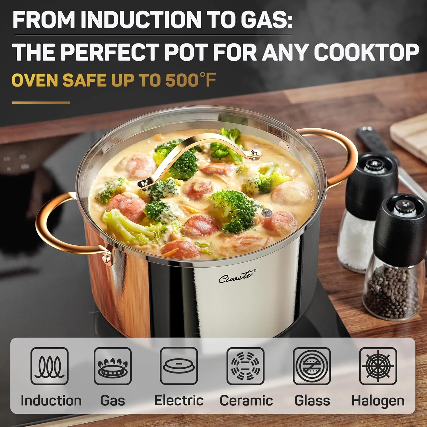 Stock Pot 12 Quart, 18/10 Tri-Ply Stainless Steel Whole Clad with Lid, Seamless 12 QT Soup Copper Handle, Healthy Stockpots, Induction, Oven, Gas and Dishwasher Safe (SS0101-12)