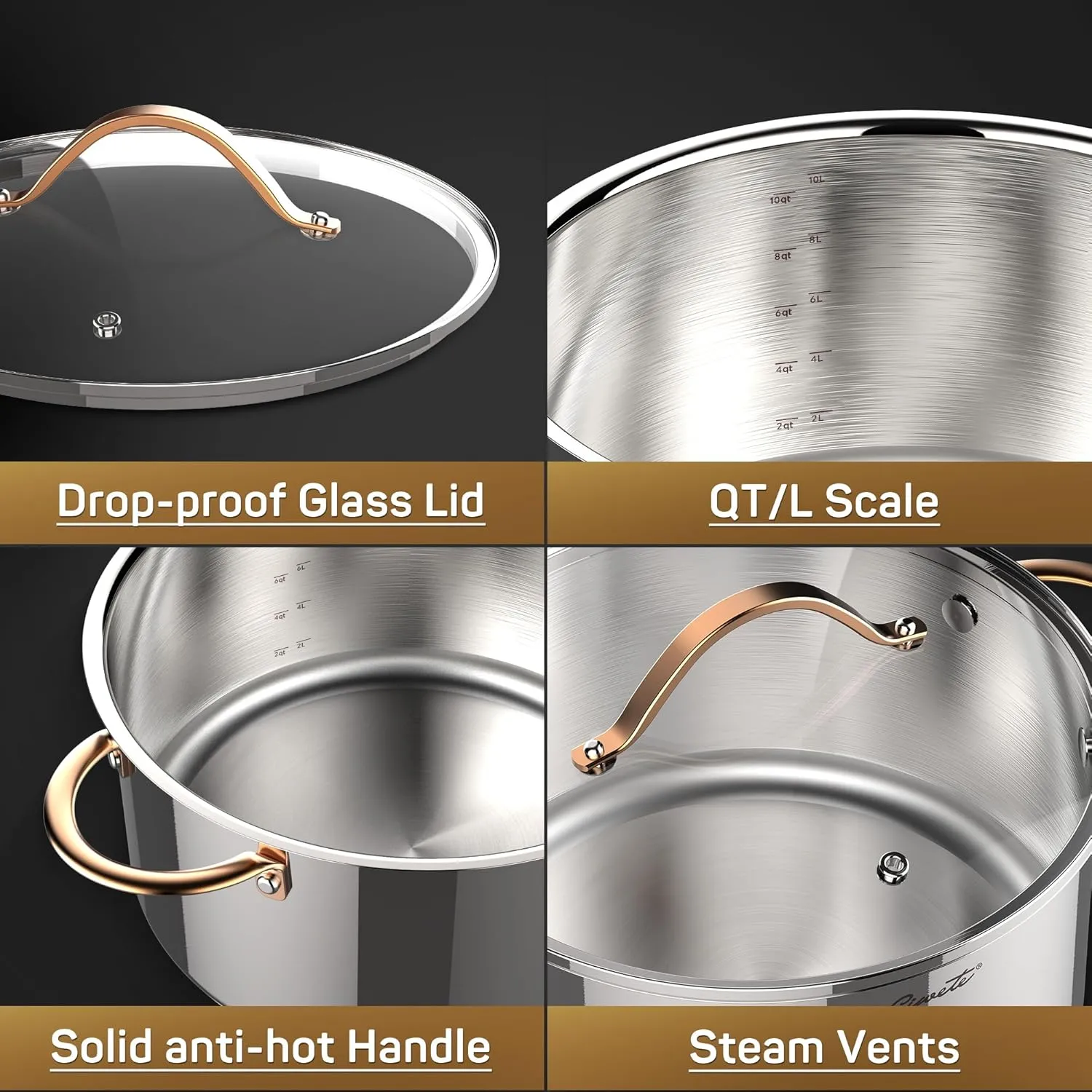 Stock Pot 12 Quart, 18/10 Tri-Ply Stainless Steel Whole Clad with Lid, Seamless 12 QT Soup Copper Handle, Healthy Stockpots, Induction, Oven, Gas and Dishwasher Safe (SS0101-12)