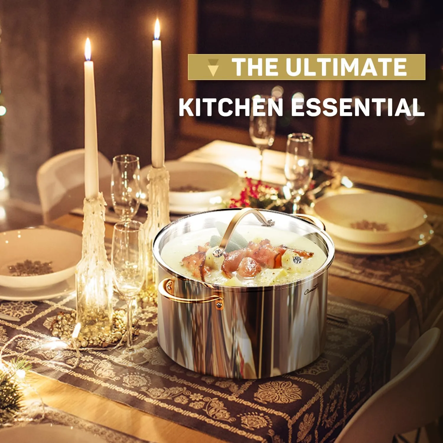 Stock Pot 12 Quart, 18/10 Tri-Ply Stainless Steel Whole Clad with Lid, Seamless 12 QT Soup Copper Handle, Healthy Stockpots, Induction, Oven, Gas and Dishwasher Safe (SS0101-12)