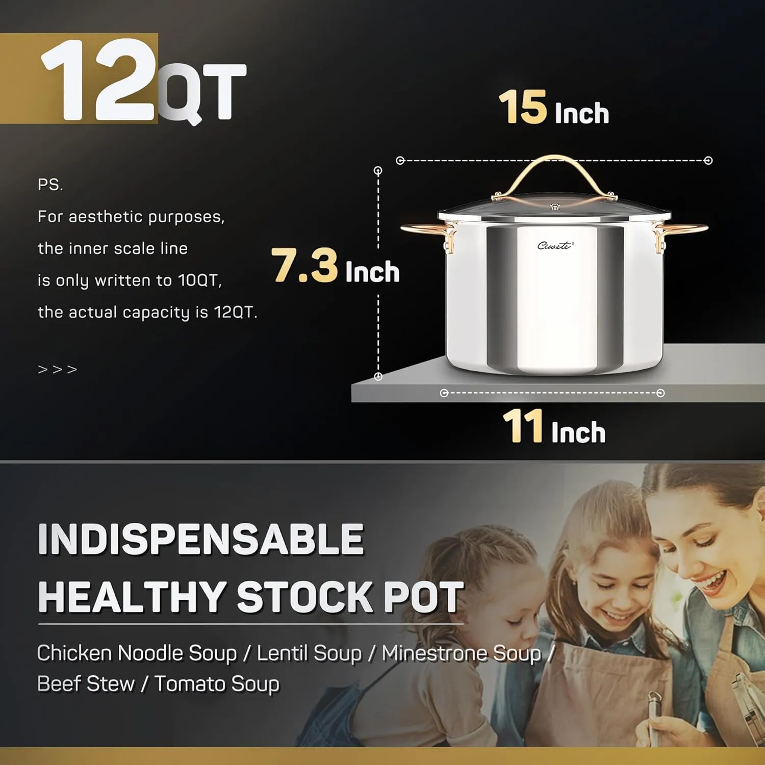 Stock Pot 12 Quart, 18/10 Tri-Ply Stainless Steel Whole Clad with Lid, Seamless 12 QT Soup Copper Handle, Healthy Stockpots, Induction, Oven, Gas and Dishwasher Safe (SS0101-12)