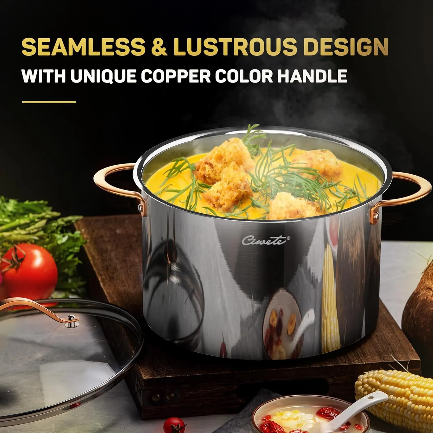 Stock Pot 12 Quart, 18/10 Tri-Ply Stainless Steel Whole Clad with Lid, Seamless 12 QT Soup Copper Handle, Healthy Stockpots, Induction, Oven, Gas and Dishwasher Safe (SS0101-12)