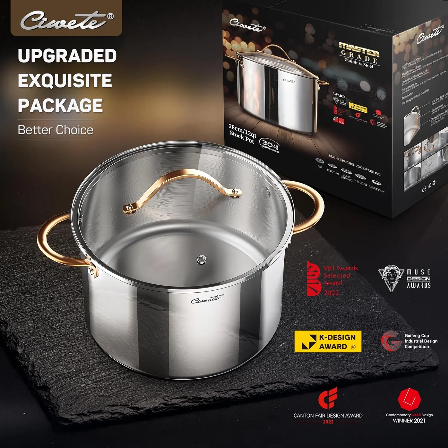 Stock Pot 12 Quart, 18/10 Tri-Ply Stainless Steel Whole Clad with Lid, Seamless 12 QT Soup Copper Handle, Healthy Stockpots, Induction, Oven, Gas and Dishwasher Safe (SS0101-12)