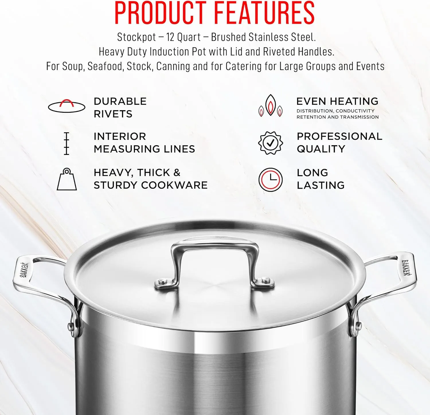 Stockpot – 12 Quart – Brushed Stainless Steel – Heavy Duty Induction Pot with Lid and Riveted Handles – For Soup, Seafood, Stock, Canning and for Catering for Large Groups and Events by BAKKEN