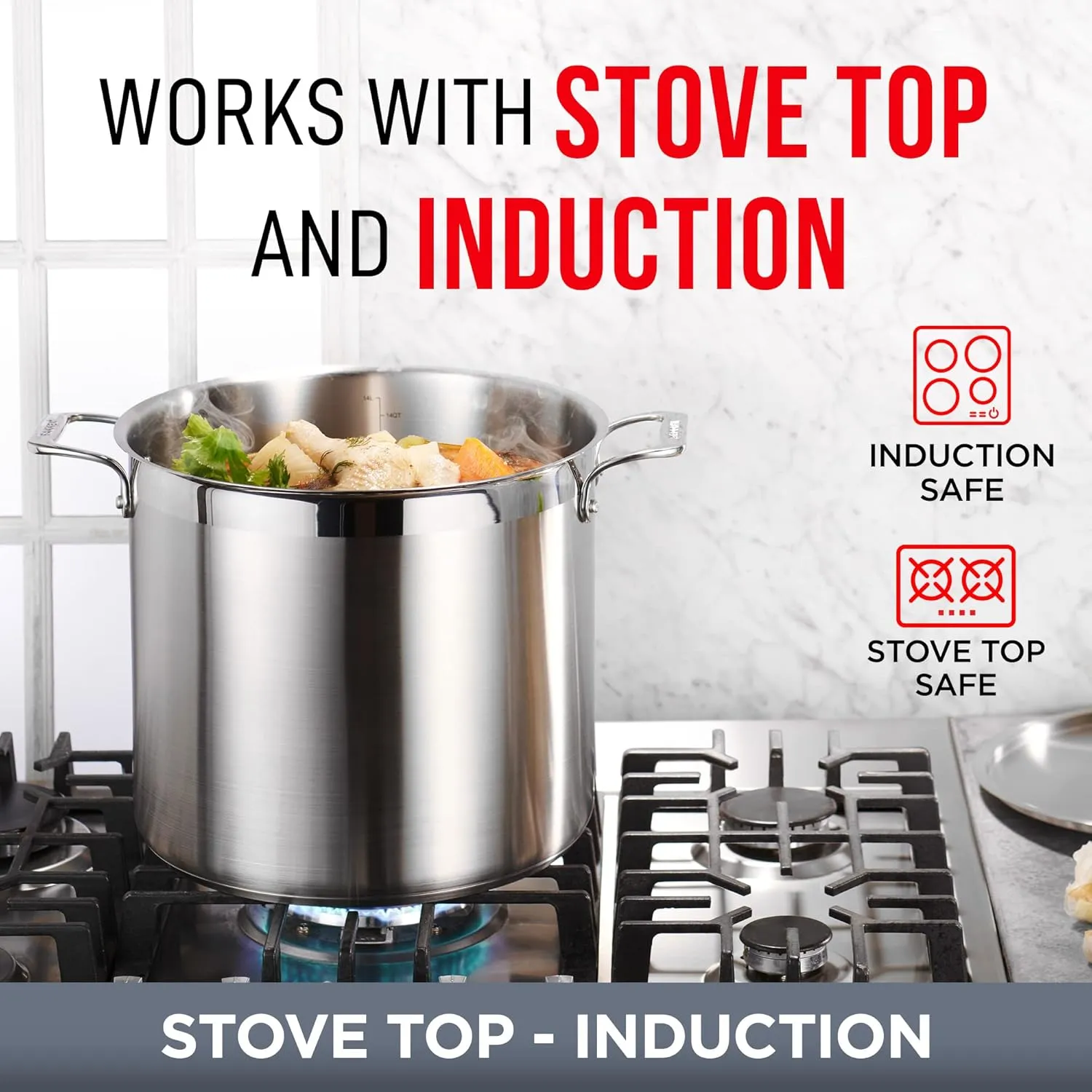 Stockpot – 12 Quart – Brushed Stainless Steel – Heavy Duty Induction Pot with Lid and Riveted Handles – For Soup, Seafood, Stock, Canning and for Catering for Large Groups and Events by BAKKEN