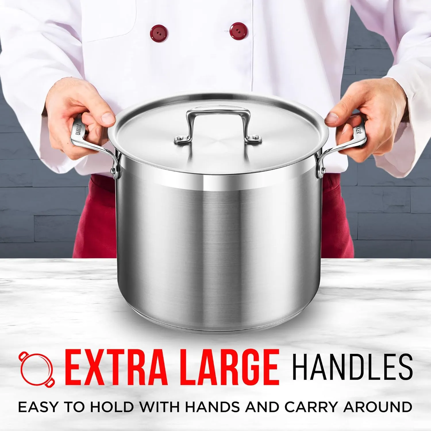 Stockpot – 12 Quart – Brushed Stainless Steel – Heavy Duty Induction Pot with Lid and Riveted Handles – For Soup, Seafood, Stock, Canning and for Catering for Large Groups and Events by BAKKEN