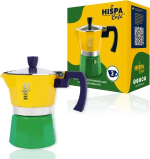 Stovetop Espresso Coffee Maker Moka Pot, 3 Espresso Cups (6 oz.), Aluminum, Silver, Green, Blue and Yellow, Brazil Themed, Cafeteira, Cafetera