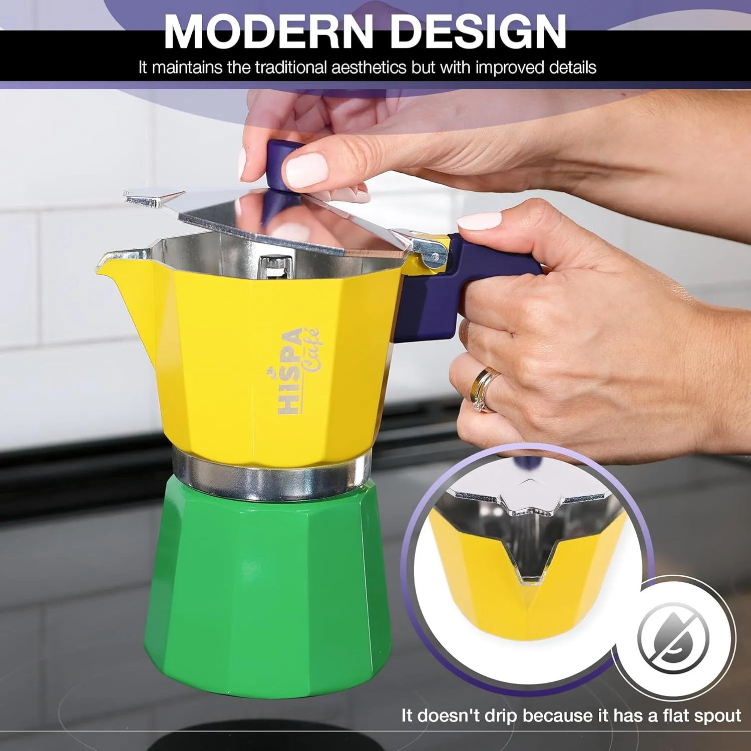 Stovetop Espresso Coffee Maker Moka Pot, 3 Espresso Cups (6 oz.), Aluminum, Silver, Green, Blue and Yellow, Brazil Themed, Cafeteira, Cafetera