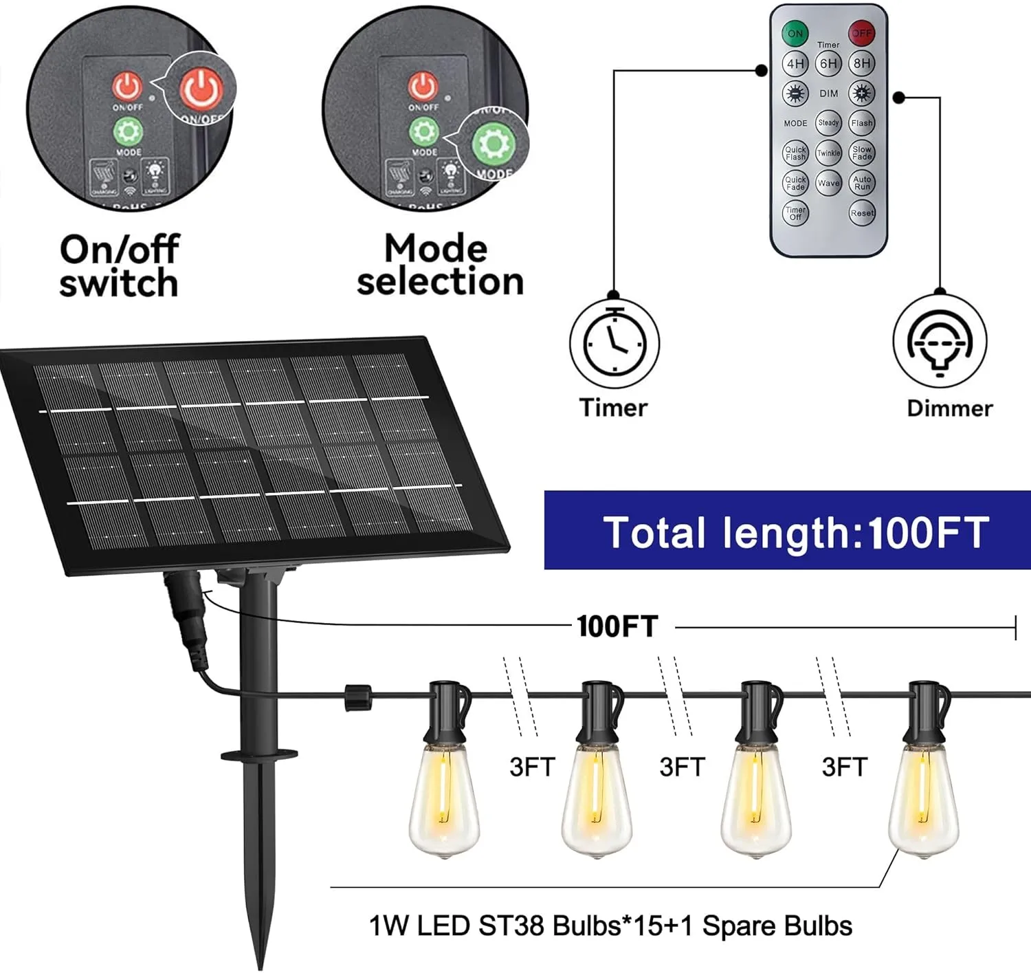 Stright Solar Powered String Light 100FT with Remote Control 8 Light Modes, Weatherproof Shatterproof ST38 LED Bulb 30 Sockets for Backyard Porch Cafe, Large Solar Panel