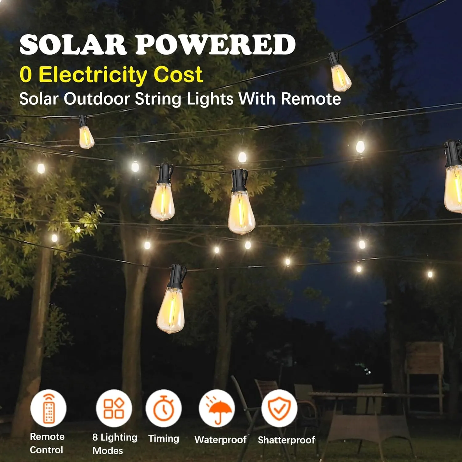 Stright Solar Powered String Light 100FT with Remote Control 8 Light Modes, Weatherproof Shatterproof ST38 LED Bulb 30 Sockets for Backyard Porch Cafe, Large Solar Panel