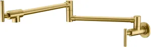 SUMERAIN Gold Pot Filler Faucet Wall Mount Brass Kitchen Folding Faucet with Double Joint Swing Arms, Two Handle Design