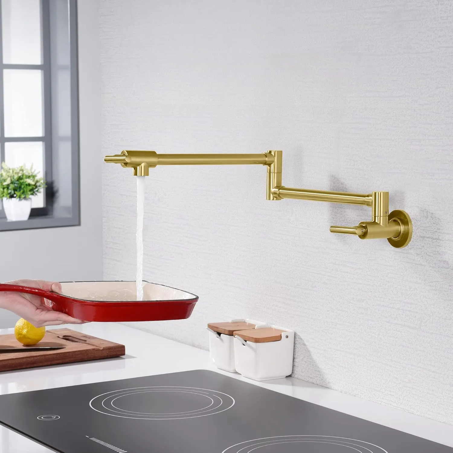 SUMERAIN Gold Pot Filler Faucet Wall Mount Brass Kitchen Folding Faucet with Double Joint Swing Arms, Two Handle Design