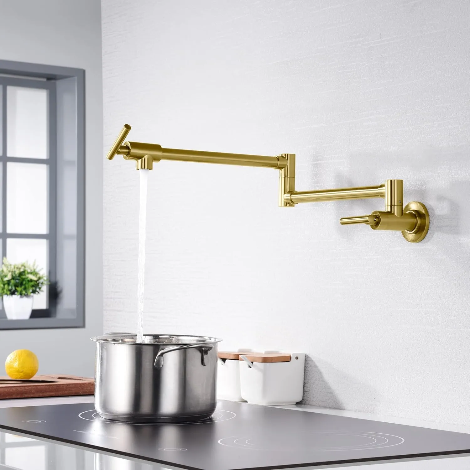 SUMERAIN Gold Pot Filler Faucet Wall Mount Brass Kitchen Folding Faucet with Double Joint Swing Arms, Two Handle Design