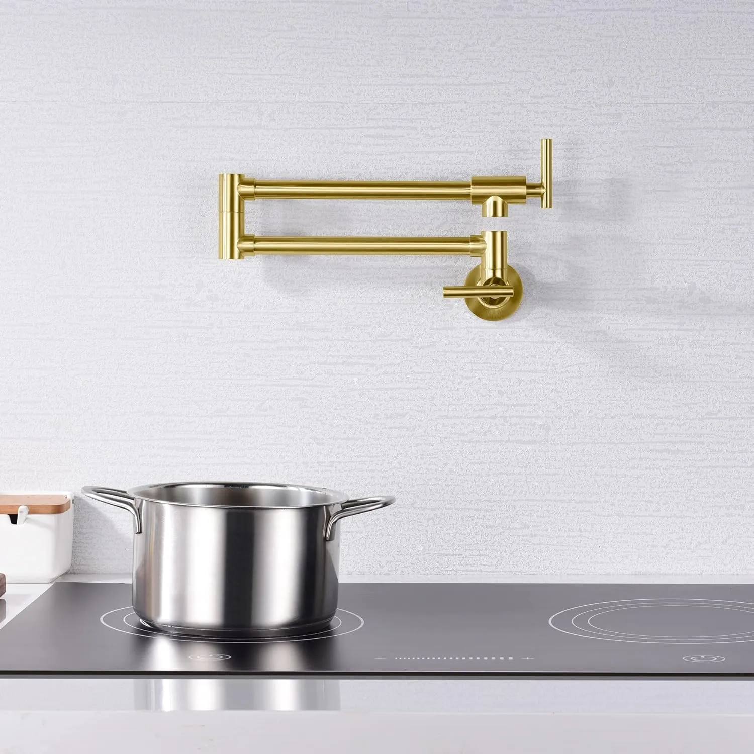 SUMERAIN Gold Pot Filler Faucet Wall Mount Brass Kitchen Folding Faucet with Double Joint Swing Arms, Two Handle Design
