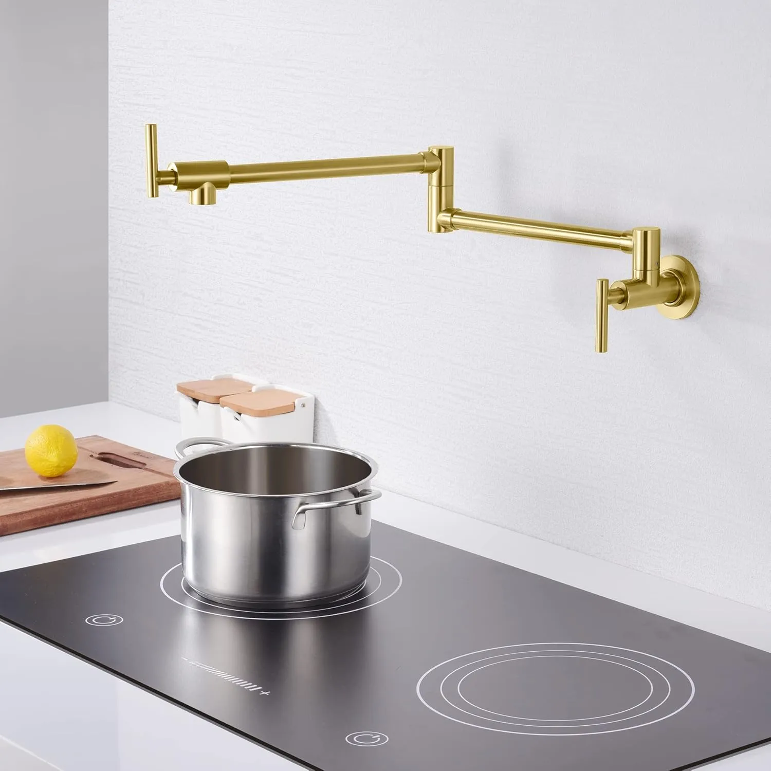 SUMERAIN Gold Pot Filler Faucet Wall Mount Brass Kitchen Folding Faucet with Double Joint Swing Arms, Two Handle Design