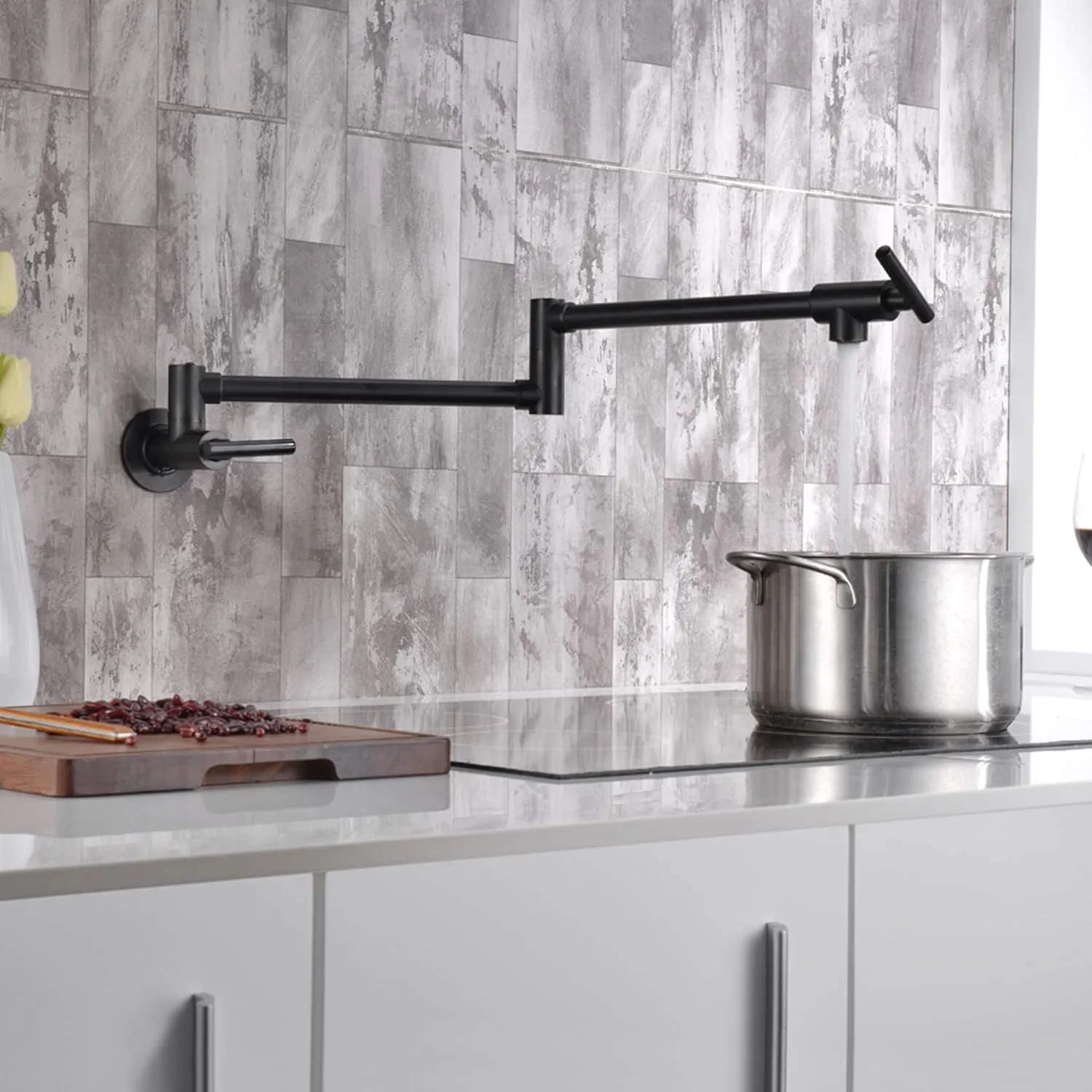 sumerain Matte Black Pot Filler Faucet Wall Mount Folding Kitchen Faucet Double Joint Swing Arm