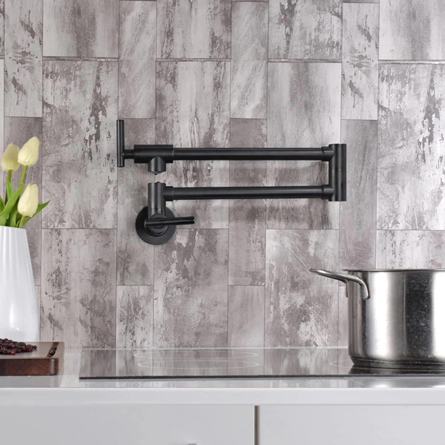 sumerain Matte Black Pot Filler Faucet Wall Mount Folding Kitchen Faucet Double Joint Swing Arm