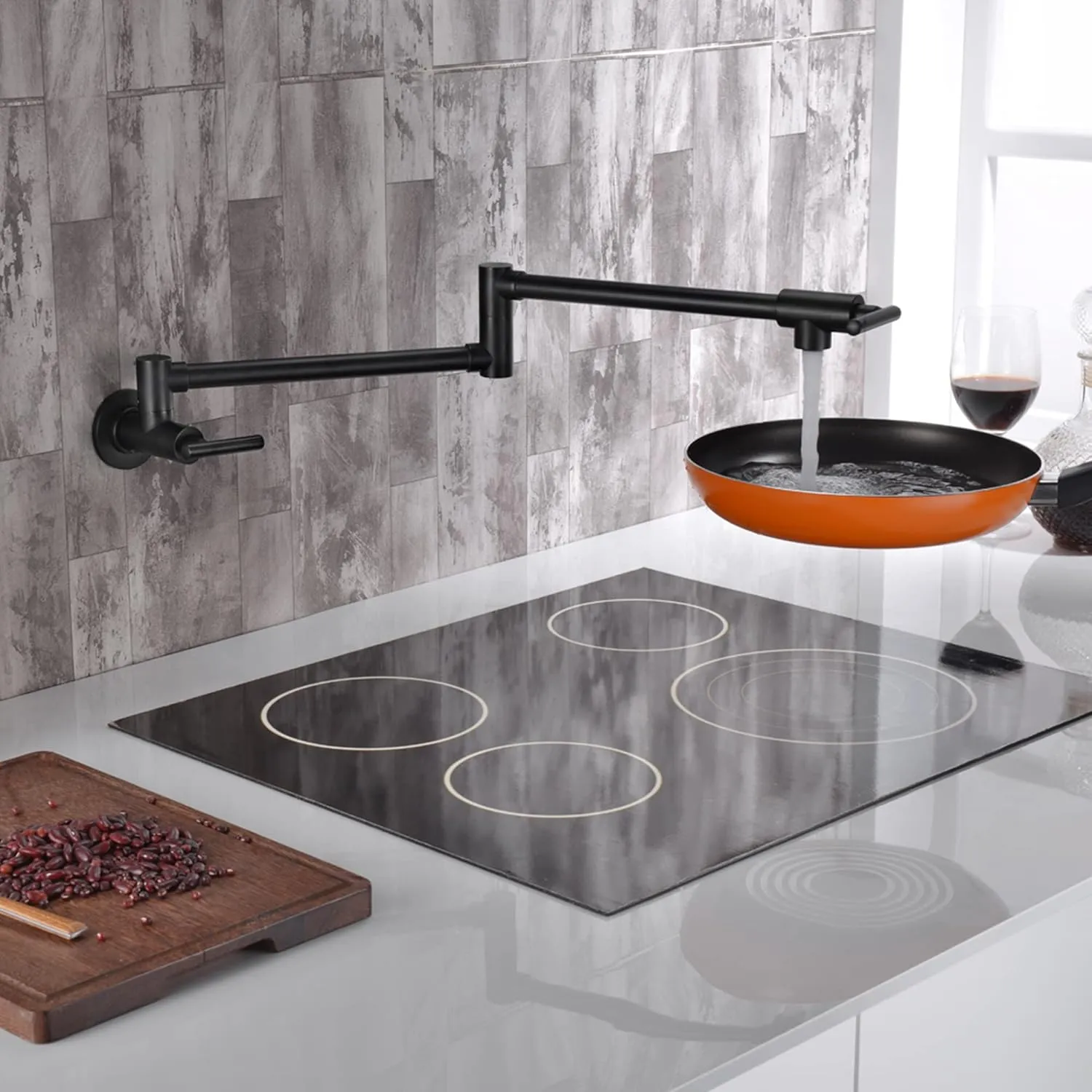 sumerain Matte Black Pot Filler Faucet Wall Mount Folding Kitchen Faucet Double Joint Swing Arm