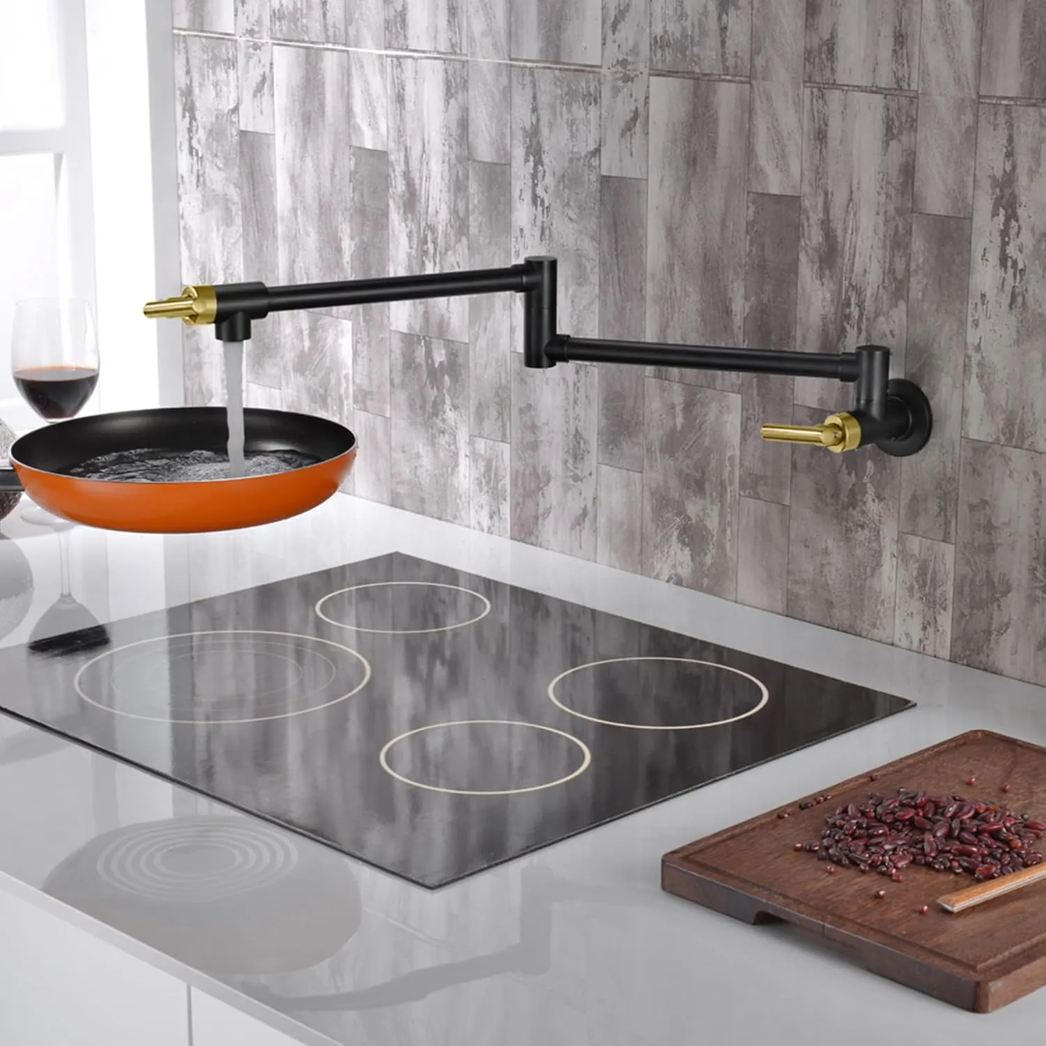 SUMERAIN Pot Filler Faucet Wall Mount Kitchen Faucet Black and Gold Double Joint Swing Arms, Two Handle