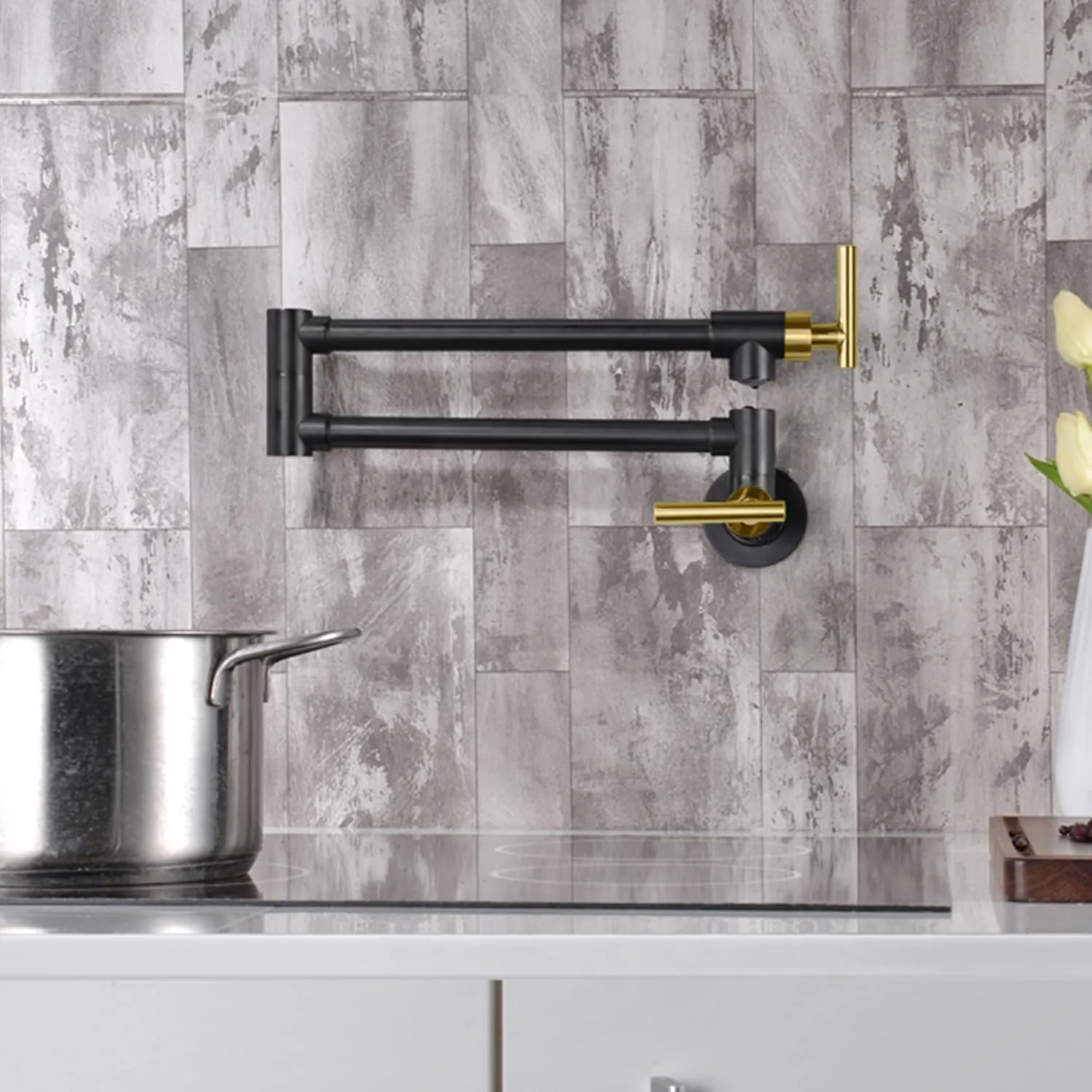 SUMERAIN Pot Filler Faucet Wall Mount Kitchen Faucet Black and Gold Double Joint Swing Arms, Two Handle
