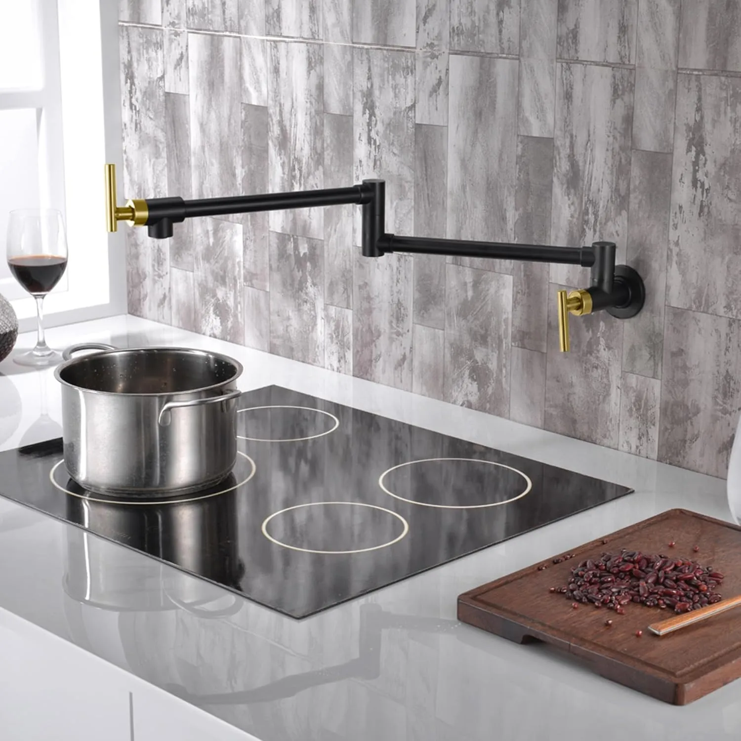 SUMERAIN Pot Filler Faucet Wall Mount Kitchen Faucet Black and Gold Double Joint Swing Arms, Two Handle