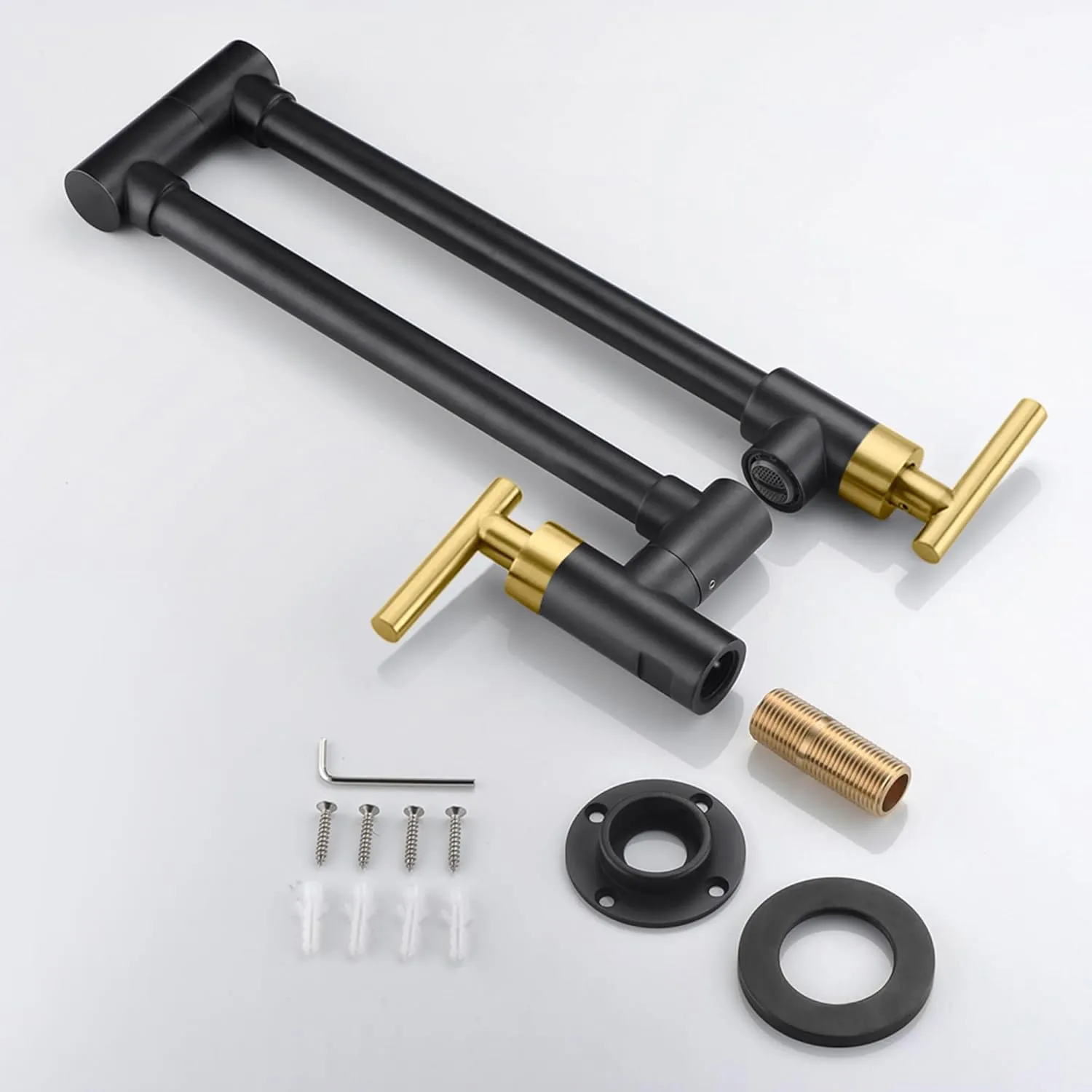 SUMERAIN Pot Filler Faucet Wall Mount Kitchen Faucet Black and Gold Double Joint Swing Arms, Two Handle