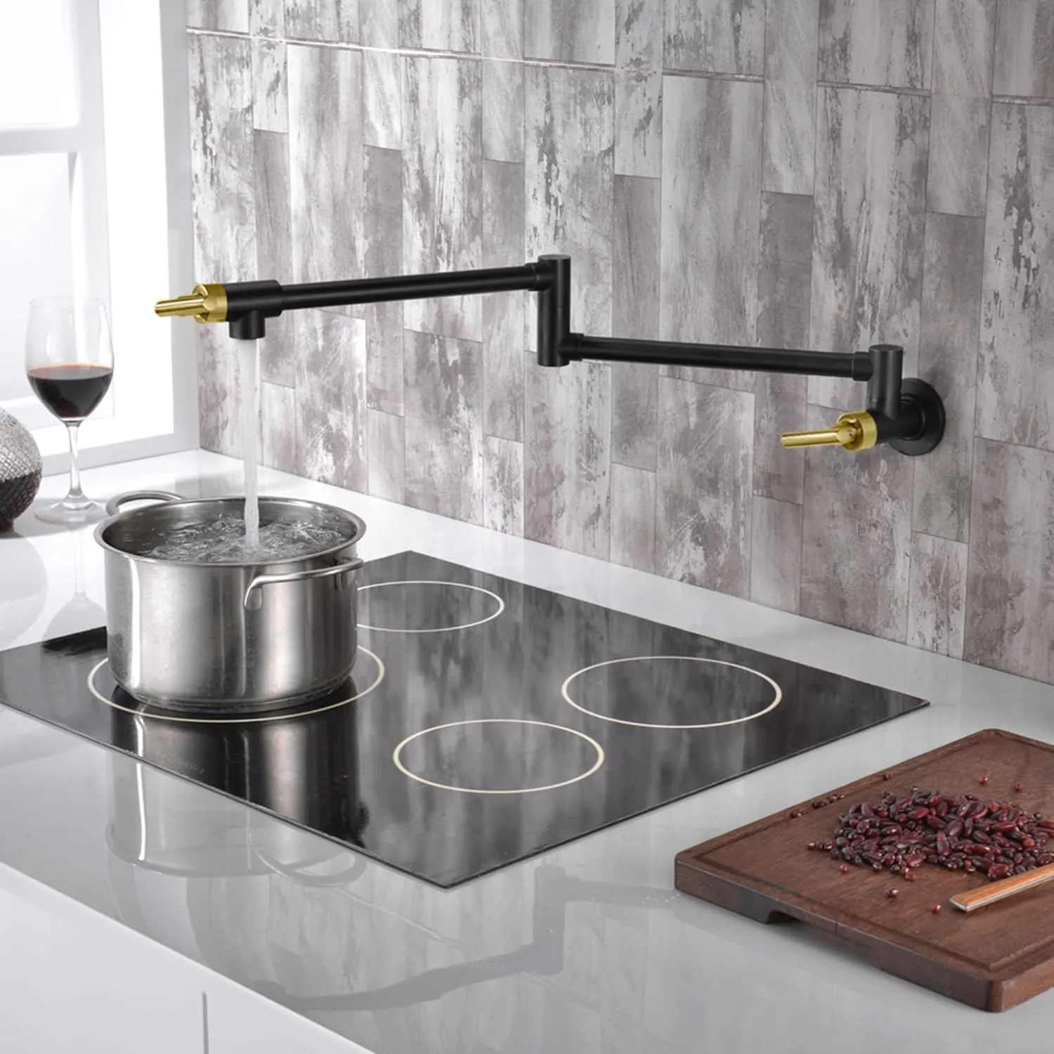 SUMERAIN Pot Filler Faucet Wall Mount Kitchen Faucet Black and Gold Double Joint Swing Arms, Two Handle