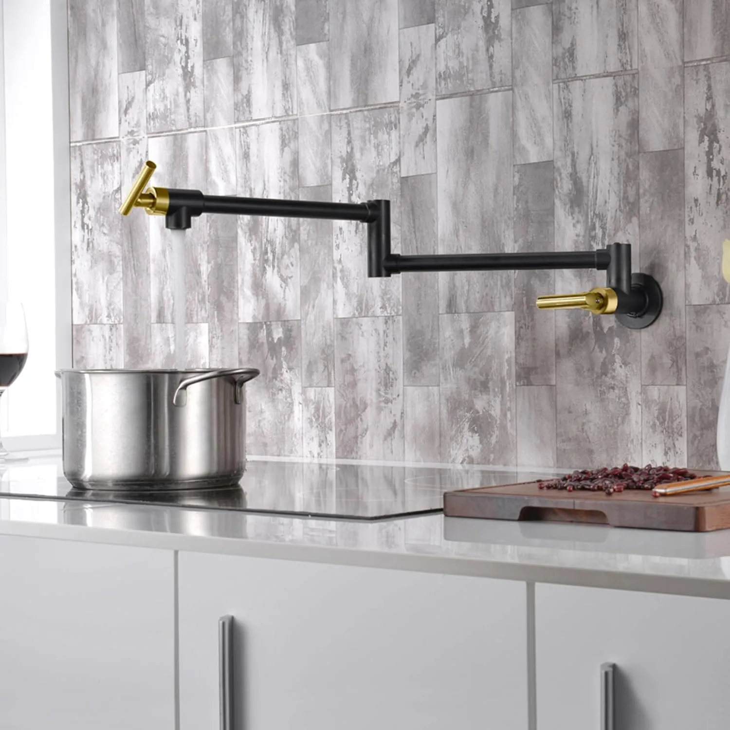 SUMERAIN Pot Filler Faucet Wall Mount Kitchen Faucet Black and Gold Double Joint Swing Arms, Two Handle