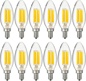 Sunlite LED Edison B11 Torpedo Tip Chandelier Light Bulb, 5 Watts (60W Equivalent), 630 Lumens, Candelabra E12 Base, Non-Dimmable Clear Glass Filament, 220-277 Volt, 2700K Soft White, 12 Count