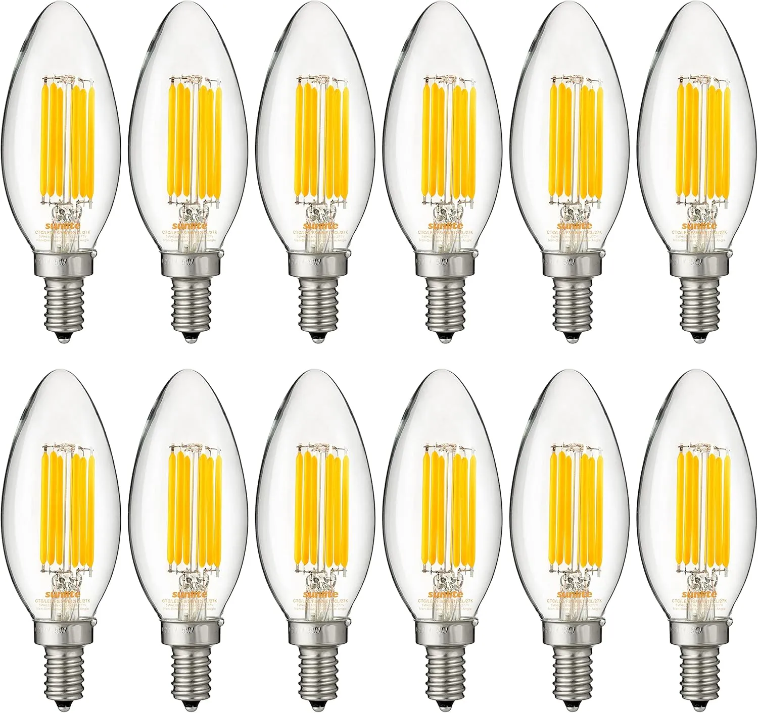 Sunlite LED Edison B11 Torpedo Tip Chandelier Light Bulb, 5 Watts (60W Equivalent), 630 Lumens, Candelabra E12 Base, Non-Dimmable Clear Glass Filament, 220-277 Volt, 2700K Soft White, 12 Count