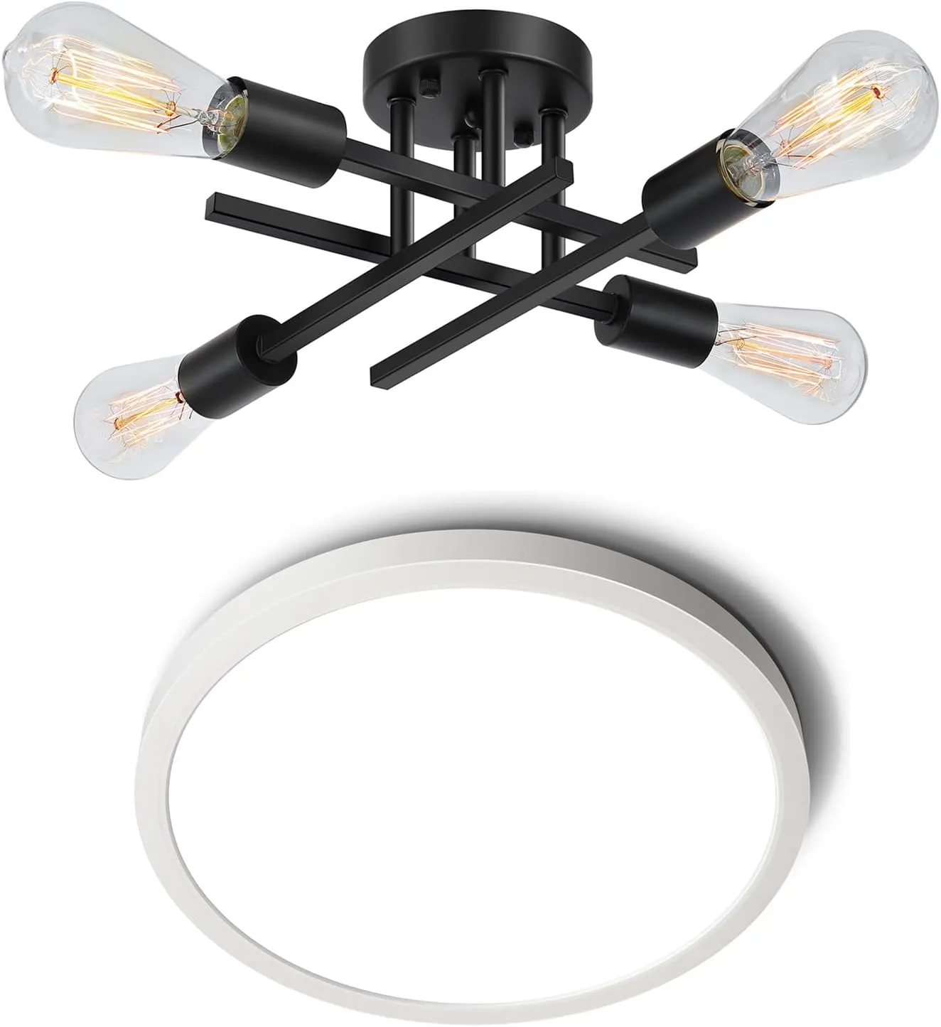 SunRider LED Flush Mount Ceiling Light Fixture 5000K and Industrial 4-Light Semi Flush Mount Ceiling Light Fixture