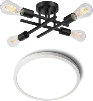 SunRider LED Flush Mount Ceiling Light Fixture 5000K and Industrial 4-Light Semi Flush Mount Ceiling Light Fixture