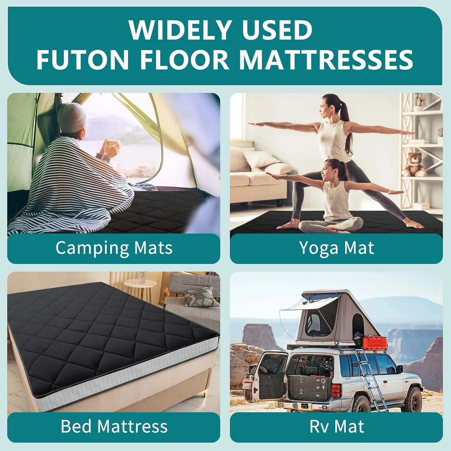 SUNYRISY Japanese Floor Mattress Futon Mattress, Thicken Roll up Sleeping Mattress Tatami Mat Floor Bed, Foldable & Portable Camping Mattress with Storage Bag, Twin Full Queen, Diamond Black