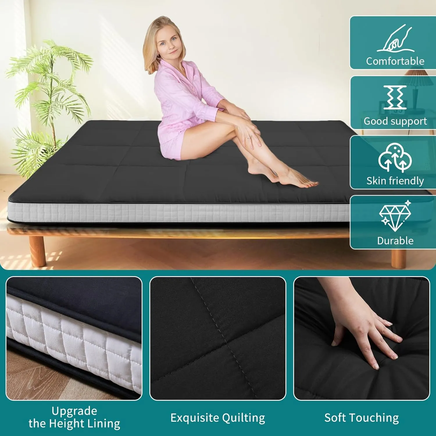 SUNYRISY Japanese Floor Mattress Futon Mattress, Thicken Roll up Sleeping Mattress Tatami Mat Floor Bed, Foldable & Portable Camping Mattress with Storage Bag, Twin Full Queen, Diamond Black