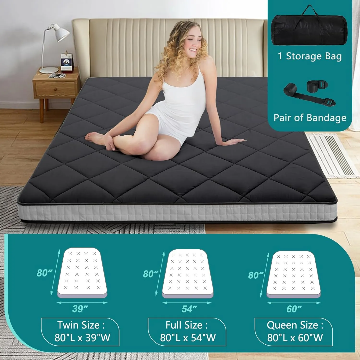 SUNYRISY Japanese Floor Mattress Futon Mattress, Thicken Roll up Sleeping Mattress Tatami Mat Floor Bed, Foldable & Portable Camping Mattress with Storage Bag, Twin Full Queen, Diamond Black