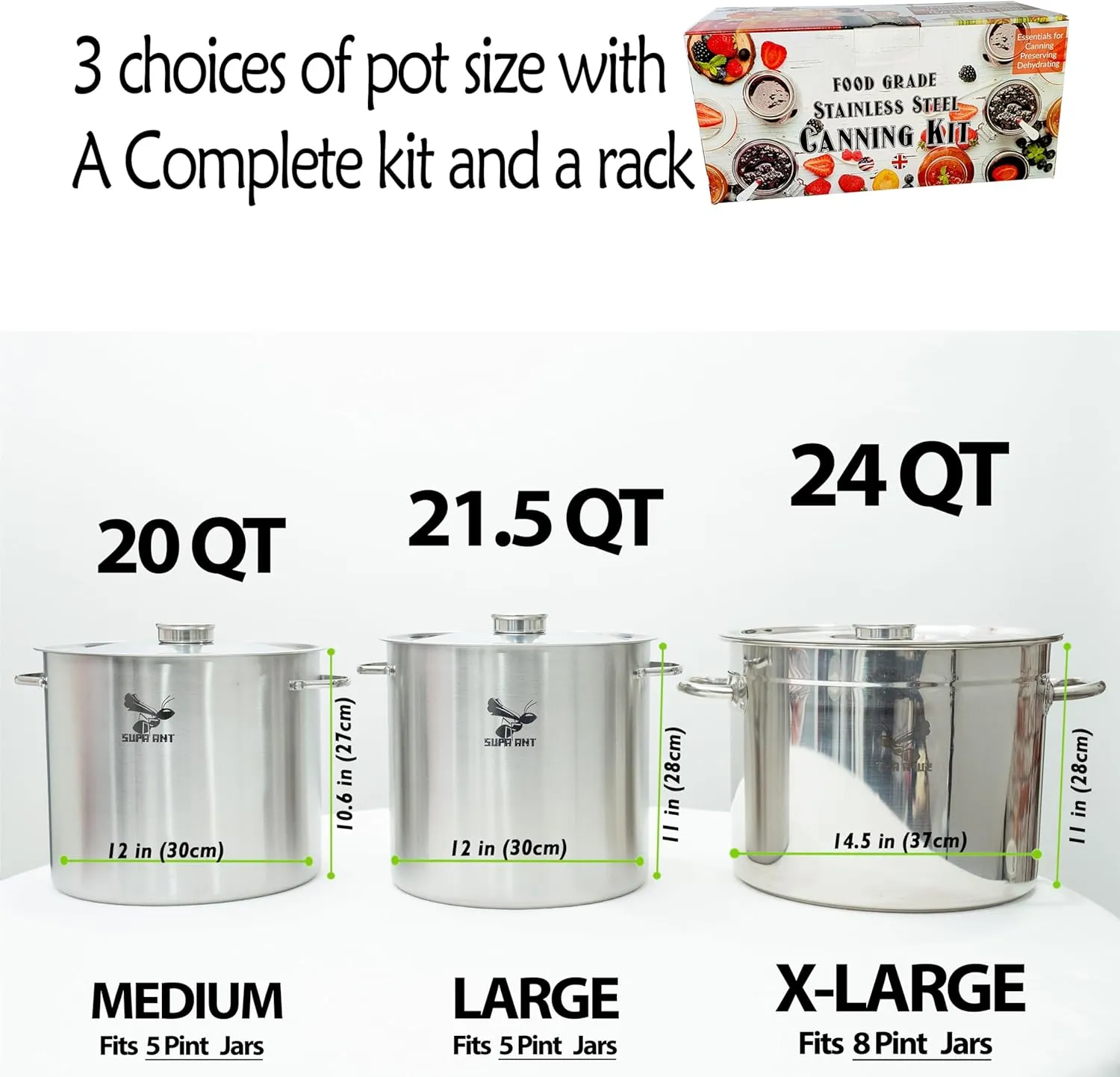 Supa Ant 20 Qt. Stainless Steel Water Bath Canning Pot with Canning Supplies Starter Kit - Food Grade Canning Ladle, Measuring Cups,Funnel,Tongs,Jar Lifter& Wrench,Lid Lifter,Bubble Popper, 90x Labels