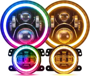 SUPAREE Round RGB 7 Inch LED Headlight Fog Lights with Amber Turn Signal, DOT Approved RGB Halo Light Compatible with Jeep Wrangler Head Light JK JKU TJ LJ 1997-2017