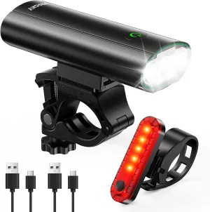 Super Bright Bike Lights for Night Riding, USB Rechargeable Mountain Bicycle Headlight, Waterproof, 6 4 Light Modes Bike Light Set for Cyclists and Commuters