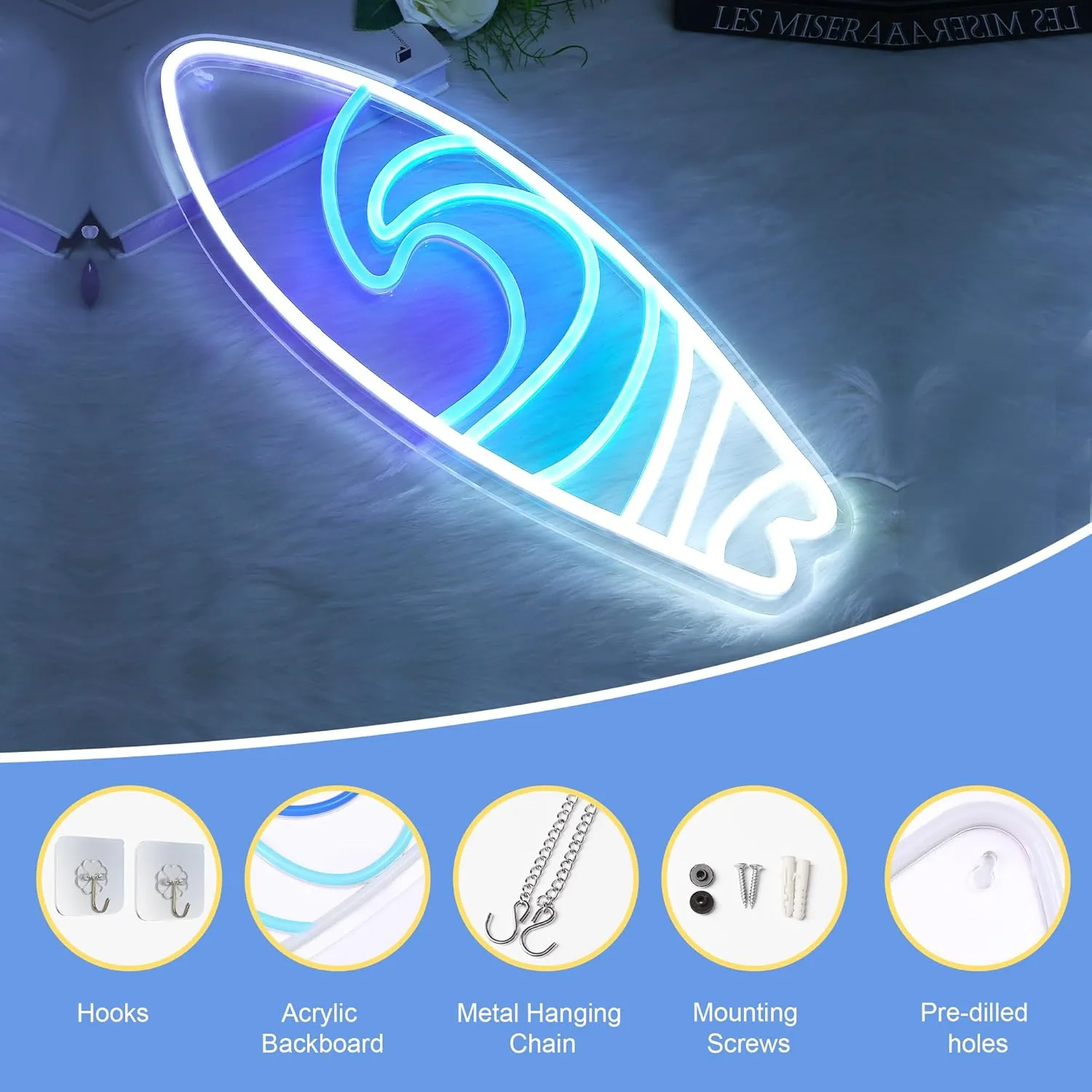 Surfboard Neon Sign, Dimmable LED Beach Wave Neon Signs USB Powered, Decorations for Man Cave Home Summer Beach Restaurant Bar Bistro Club, Gifts for Surfers