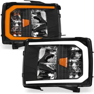Switchback Sequential LED Strip Tube Bar Black Housing Crystal Headlights Signal Lamps Amber Reflector nb Compatible With 07-13 Chevy Silverado 1500/07-14 2500 3500 HD