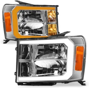 Switchback Sequential LED Strip Tube Bar Chrome Housing Crystal Headlights Signal Lamps Amber Reflector nb Compatible With 07-13 GMC Sierra 1500/07-14 2500 3500 HD