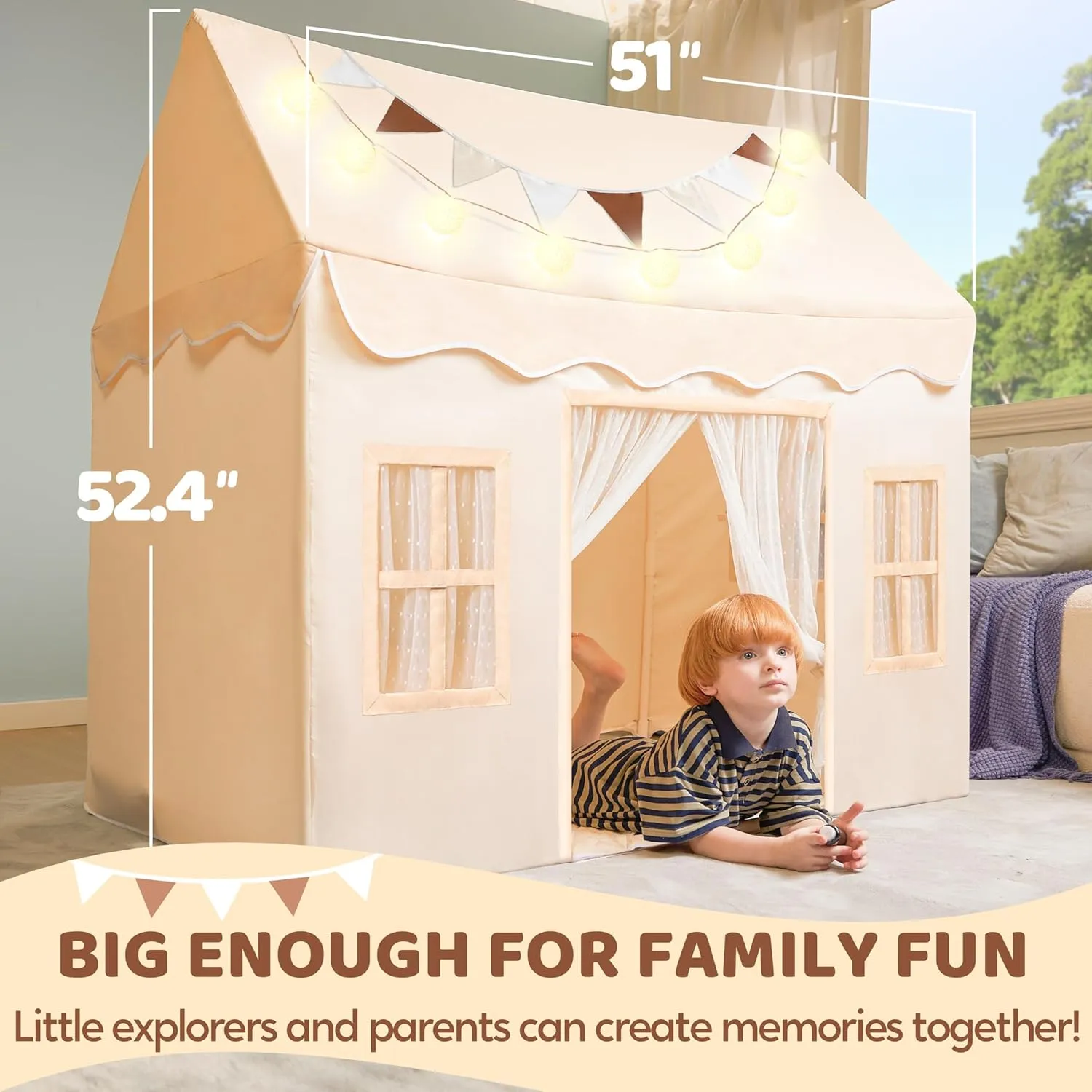 SYNCFUN Play Tent for Kids,Indoor & Outdoor Tent with Blanket,LED Lights & Flags for Toddler,Spacious 51*35*52 Inch,Playhouse for Kids,Ideal Private Space for Reading & Play for Boys & Girls Age 3-7