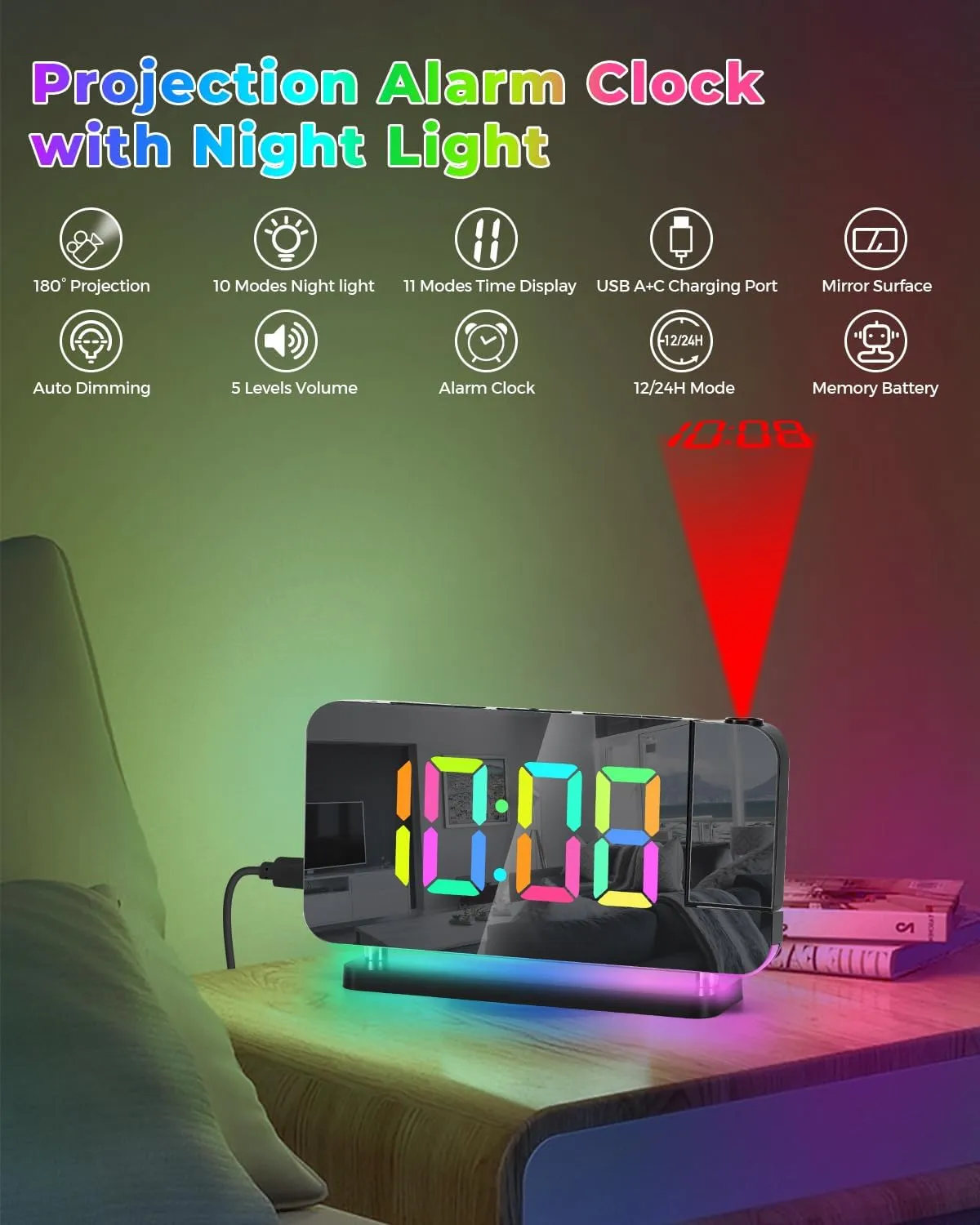 SZELAM Projection Alarm Clock, 7.4 in Digital Mirror Clocks,with 180° Rotatable Projector, RGB Night Light,USB C Charger Port, Auto Dimmer, LED Desk Clock for Bedroom - Black