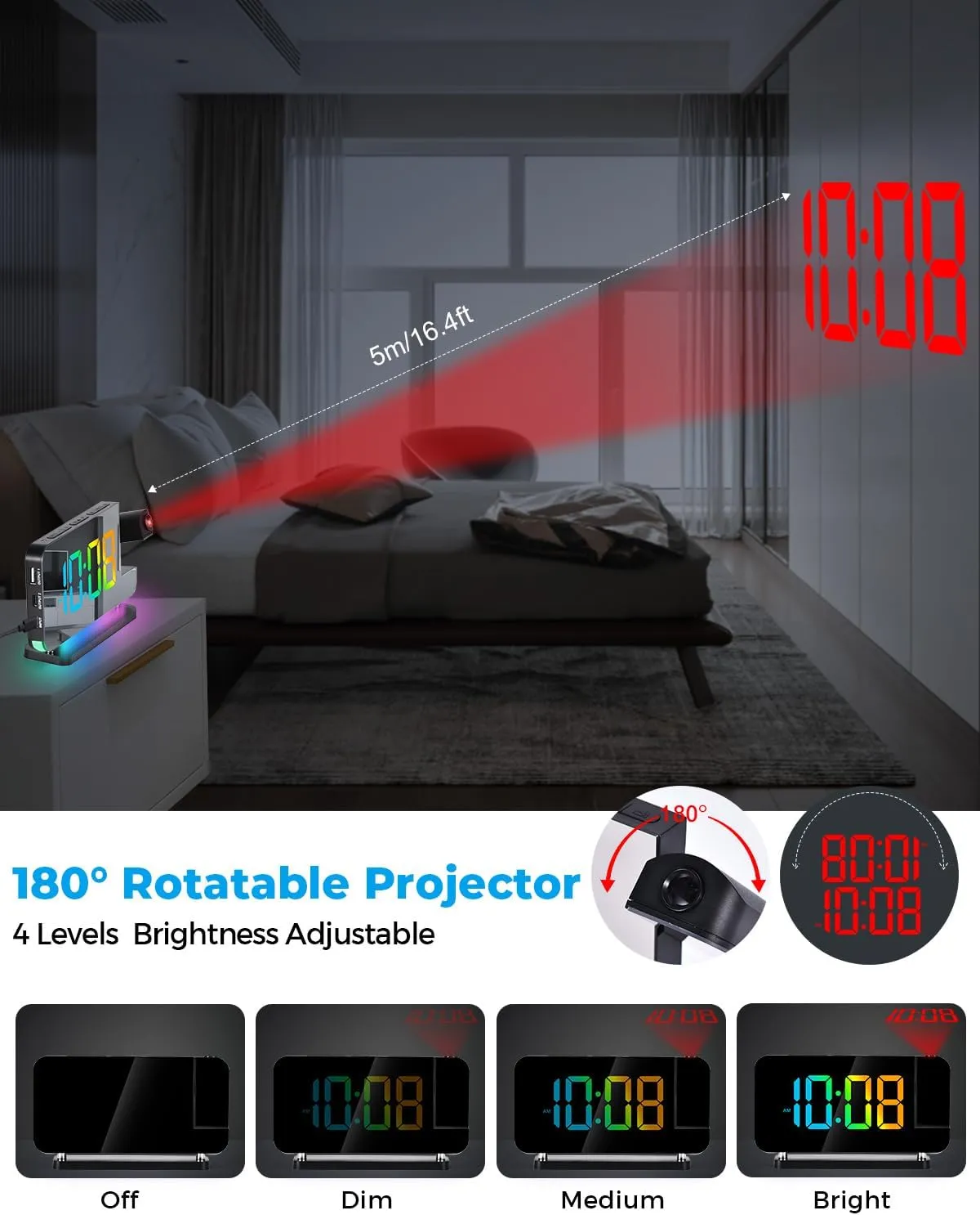SZELAM Projection Alarm Clock, 7.4 in Digital Mirror Clocks,with 180° Rotatable Projector, RGB Night Light,USB C Charger Port, Auto Dimmer, LED Desk Clock for Bedroom - Black